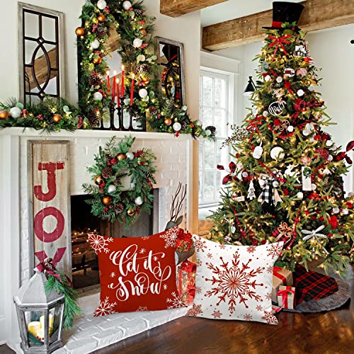 Lanpn Christmas Cushion Covers 45x45 Set of 4, Merry Christmas Winter Xmas Snowflake Decorative Holiday Throw Pillow Cases 18x18 for Outdoor Indoor Farmhouse Home Room Couch Decor (Red)