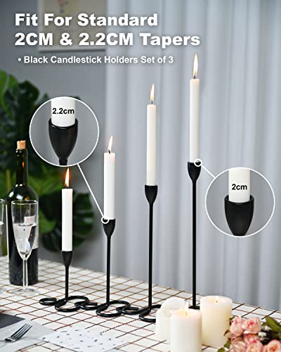 Faveaux Candle Holder Candlestick Holders Set of 3 for Candle Stick Taper Holders Stand Table Centerpieces Fits 2CM Tapers for Wedding, Christmas Party, 12-20-27.5CM, Matte Black