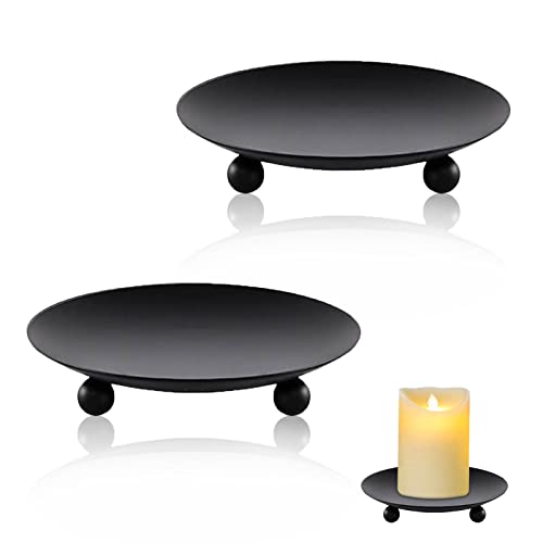 Feliciay 2pcs Pillar Candle Holders, Metal Candle Stand Round Tray, Church Candle Dish Pillar Holder for Christmas Table Decorative Home Living Room Decor(Black) - 10cm
