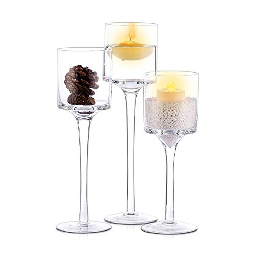 Nuptio Tea Light Candle Holders - 3 Pcs Glass Candle Holder For Tealight & Floating Candles, Tall Elegant Pillar Candle Holder For Wedding Party Table Christmas Centrepieces Living Room Home Decor