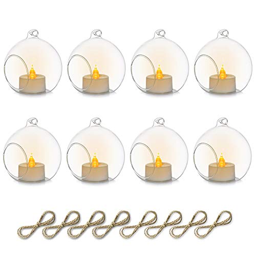Sziqiqi 8cm Hanging Glass Tealight Candle Holder with LED Candle, 8Pcs Hanging Tea Light Glass Globe Terrarium Candle Holder Ornament for Wedding Christmas Birthday Halloween Party Centerpieces Decor