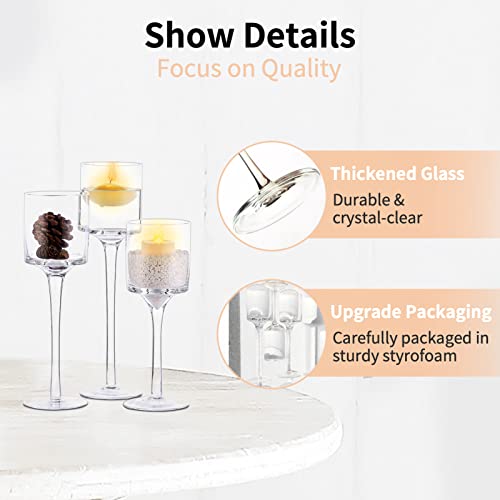 Nuptio Tea Light Candle Holders - 3 Pcs Glass Candle Holder For Tealight & Floating Candles, Tall Elegant Pillar Candle Holder For Wedding Party Table Christmas Centrepieces Living Room Home Decor
