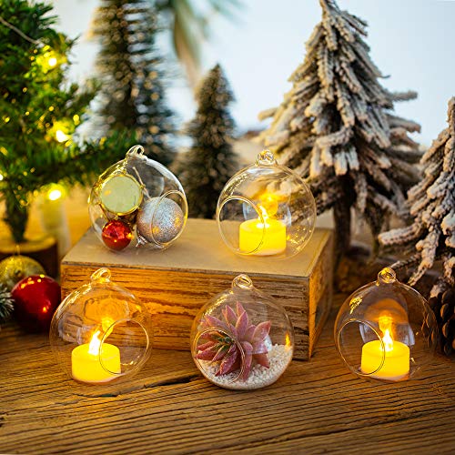 Sziqiqi 8cm Hanging Glass Tealight Candle Holder with LED Candle, 8Pcs Hanging Tea Light Glass Globe Terrarium Candle Holder Ornament for Wedding Christmas Birthday Halloween Party Centerpieces Decor