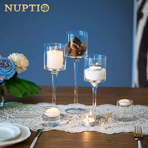 NUPTIO 1 Set Glass Candle Holders for Pillar Candle & Floating Candles, Glass Tealight Candle Holder Clear Table Candle Holders for Wedding Party Centerpiece Christmas Halloween Home Decor