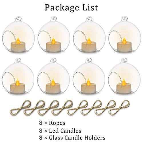 Sziqiqi 8cm Hanging Glass Tealight Candle Holder with LED Candle, 8Pcs Hanging Tea Light Glass Globe Terrarium Candle Holder Ornament for Wedding Christmas Birthday Halloween Party Centerpieces Decor