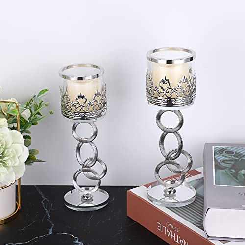 Tolida Crystal Glass Tea Light Votive Candle Holder Set of 2 Decorative Clear Glass Aromatherapy Candle Holder for Wedding Birthday Christmas Halloween Party, 21.5cm, Silver