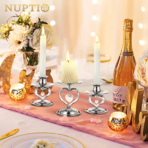 Nuptio Candle Sticks Holder Silver - 3 Pieces Unity Candle Holder for Pillar & Taper, Pillar Candle Holder Tapered Candle Stand Candlestick for Long Candles Gifts Christmas Wedding Dinning Party