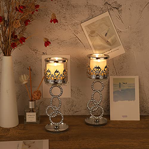 Tolida Crystal Glass Tea Light Votive Candle Holder Set of 2 Decorative Clear Glass Aromatherapy Candle Holder for Wedding Birthday Christmas Halloween Party, 21.5cm, Silver