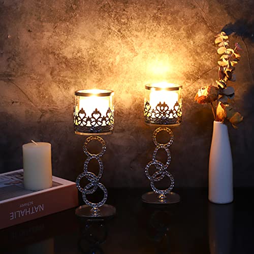 Tolida Crystal Glass Tea Light Votive Candle Holder Set of 2 Decorative Clear Glass Aromatherapy Candle Holder for Wedding Birthday Christmas Halloween Party, 21.5cm, Silver