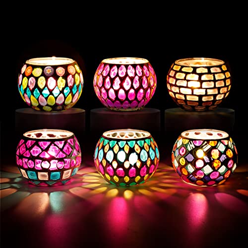 Toptime Tea Light Candle Holders, Set of 6 Mosaic Glass Candle Holder Coloured Tealight Holders, Romantic Votive Candle Holder Handmade Round Candle Holders for Party, Wedding, Christmas Day