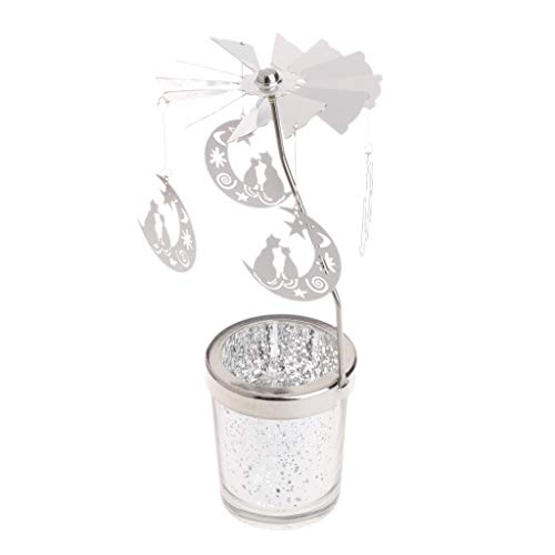 Baiyao Rotary Spinning Carousel Candle Holder Silver Metal Tea Light Holder Glass Star Cup Rotating Metal Candlestick for Christmas/Wedding/Home Decor
