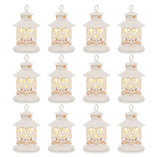 Romadedi Tealight Candle Holders Decorative Lantern - 12pcs Vintage White Mini Hanging Lantern for Tea Light Candle Decor Wedding Centrepiece Coffee Dining Table Shelf Outdoor Christmas