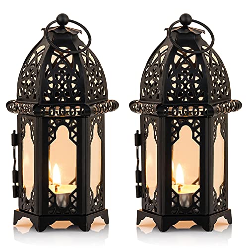 NUPTIO 2 Pcs Metal Tealight Candle Holder Small Sized Wedding Centerpieces Transparent Glass, Tea Light Lantern Holders, Hanging Lanterns Creative Wedding Home Table Christmas Decoration, Black