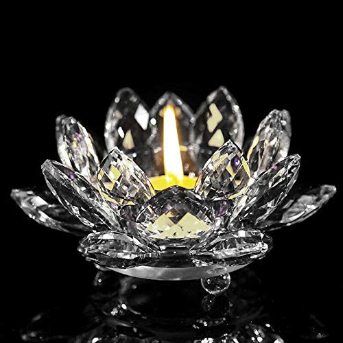 ShreeFit Tealight Candle Holders Crystal Lotus Flower Ornament Glass Tea Light Candle Holder Collectible Feng Shui Decor Decoration for Christmas Home Wedding Party (Clear)