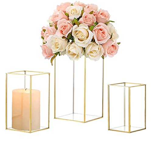 Hewory Hurricane Candle Holder Glass - Set of 3 Large Gold Candle Holders for Pillar, Square Decorative Floor Lantern Wedding Table Centrepiece for Dining Room Christmas Tabletop Fireplace Outdoor