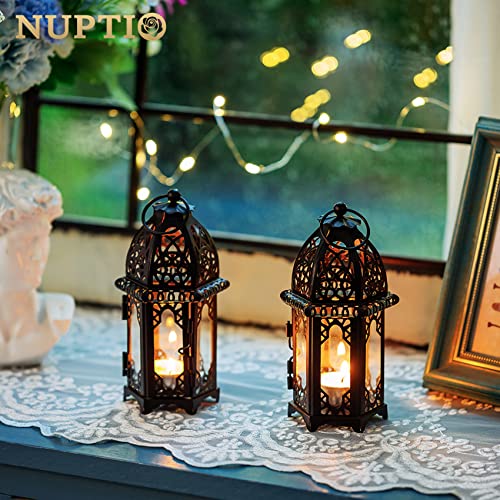 NUPTIO 2 Pcs Metal Tealight Candle Holder Small Sized Wedding Centerpieces Transparent Glass, Tea Light Lantern Holders, Hanging Lanterns Creative Wedding Home Table Christmas Decoration, Black