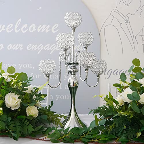 Silver Candle Holders for Table Centerpiece 7 Arms Tall Crystal Candelabra Home Wedding Decor Christmas Decorations Centerpieces for Dinner Party Events