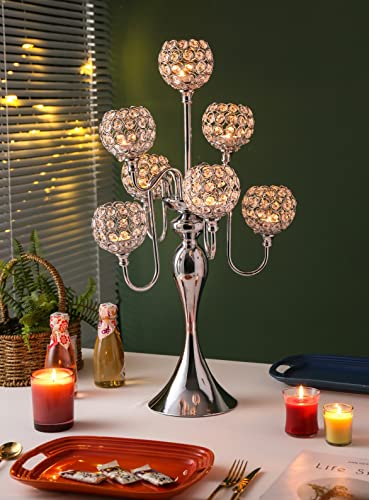 Silver Candle Holders for Table Centerpiece 7 Arms Tall Crystal Candelabra Home Wedding Decor Christmas Decorations Centerpieces for Dinner Party Events