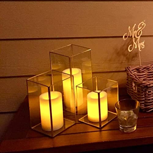 Hewory Hurricane Candle Holder Glass - Set of 3 Large Gold Candle Holders for Pillar, Square Decorative Floor Lantern Wedding Table Centrepiece for Dining Room Christmas Tabletop Fireplace Outdoor