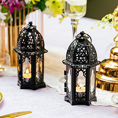 NUPTIO 2 Pcs Metal Tealight Candle Holder Small Sized Wedding Centerpieces Transparent Glass, Tea Light Lantern Holders, Hanging Lanterns Creative Wedding Home Table Christmas Decoration, Black