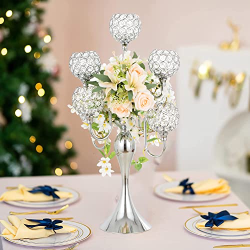 Silver Candle Holders for Table Centerpiece 7 Arms Tall Crystal Candelabra Home Wedding Decor Christmas Decorations Centerpieces for Dinner Party Events