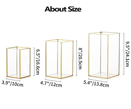 Hewory Hurricane Candle Holder Glass - Set of 3 Large Gold Candle Holders for Pillar, Square Decorative Floor Lantern Wedding Table Centrepiece for Dining Room Christmas Tabletop Fireplace Outdoor