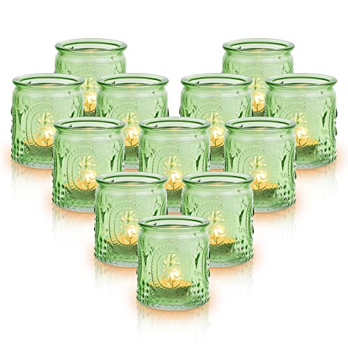 Hommdiy Tea Light Candle Holders Set of 12 Glass Candle Holder 2.6" Hight Have Beautiful Embossed Pattern Colorful Tealight Holders For Christmas, Bedroom, Diwali Decorations (Green)