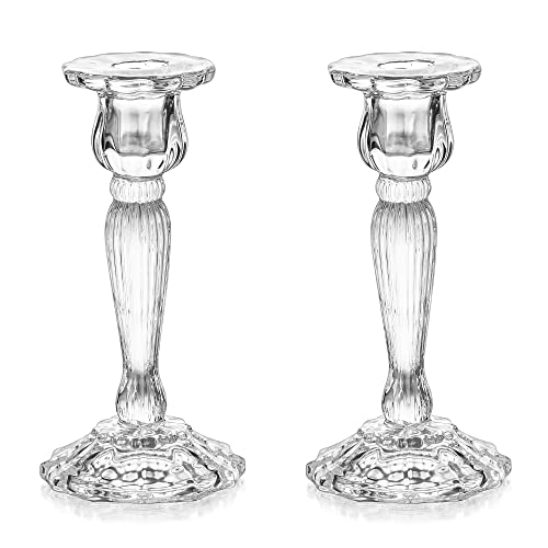 Crystal Candle Holders Candlestick Holders – Romadedi Taper Glass Candle Holder Candle Stick Holder for Dining Table Decoration, Christmas, Living Room, Fireplace Mantle, Wedding Decor, 2Pcs