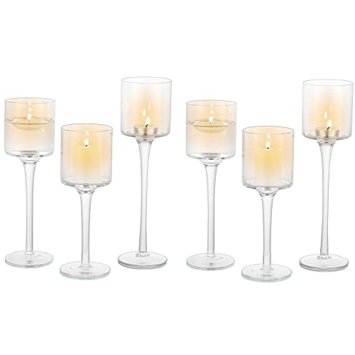 Sziqiqi Clear Glass Tea Light Candle Holders Set of 6, Tall Candle Holder for Floating Candles and Pillar Candles, Elegant Table Centrepieces for Mantelpiece Dining Rooms Wedding Party Christmas