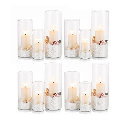 Hurricane Candle Holder Glass Cylinder: Set of 4 (12Pcs) Flower Vase for Tea Light Votive Pillar Floating Candles Dining Table Decorations Wedding Centrepieces Living Room Christmas Ornaments (M+L+XL)