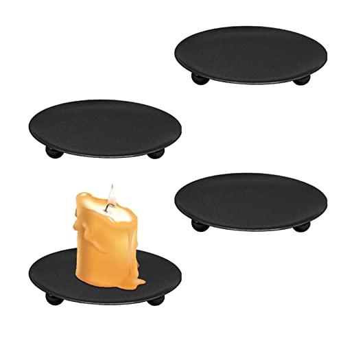 MIVAIUN Candle Holders 4Pcs Black Retro Pillar Candle Holders Round Candle Decorative Tray 10cm Iron Candle Tray Candlestick Holders for Spa Wedding Bathroom Church Living Room Party Christmas (Black)