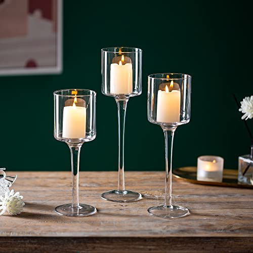 Sziqiqi Clear Glass Tea Light Candle Holders Set of 6, Tall Candle Holder for Floating Candles and Pillar Candles, Elegant Table Centrepieces for Mantelpiece Dining Rooms Wedding Party Christmas