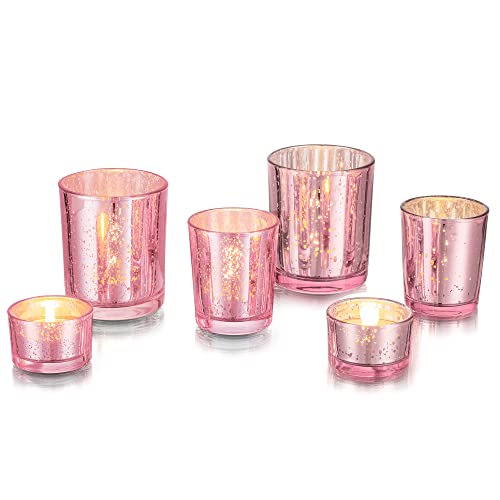 Tealight Votive Glass Candle Holders, 6Pcs/2Sets Glasseam Mercury Pink Tea Light Holders, Christmas Floating Candles & Holders for Dinning Table, Wedding Centrepiece Living Room Dinner Decorations