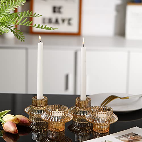 Gold Glass Candle Holder Tealight Candlestick Holders 2 in 1 set of 6 for Wedding, Home, Church, Christmas,Birthday party, Bedroom Decoration