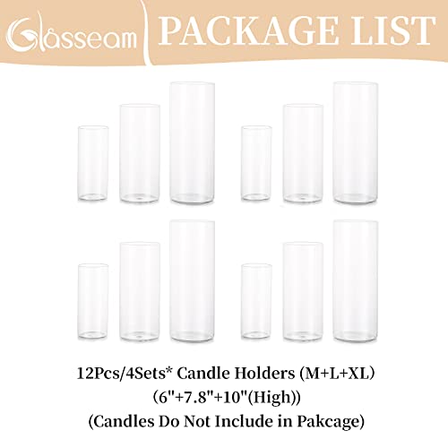 Hurricane Candle Holder Glass Cylinder: Set of 4 (12Pcs) Flower Vase for Tea Light Votive Pillar Floating Candles Dining Table Decorations Wedding Centrepieces Living Room Christmas Ornaments (M+L+XL)