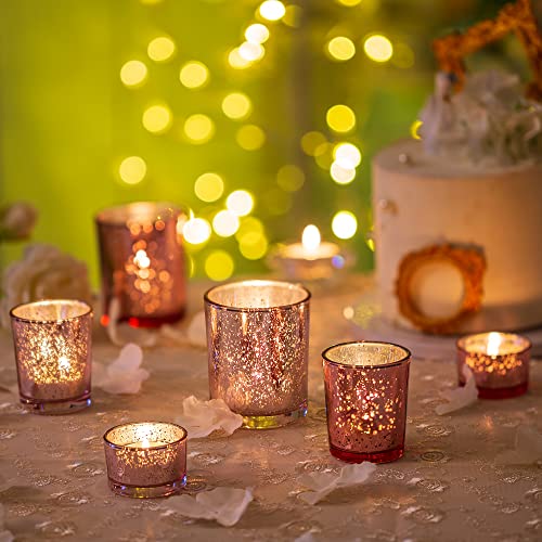 Tealight Votive Glass Candle Holders, 6Pcs/2Sets Glasseam Mercury Pink Tea Light Holders, Christmas Floating Candles & Holders for Dinning Table, Wedding Centrepiece Living Room Dinner Decorations