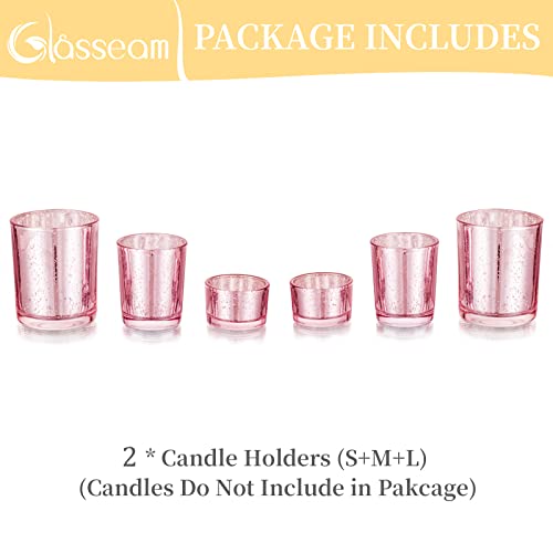 Tealight Votive Glass Candle Holders, 6Pcs/2Sets Glasseam Mercury Pink Tea Light Holders, Christmas Floating Candles & Holders for Dinning Table, Wedding Centrepiece Living Room Dinner Decorations