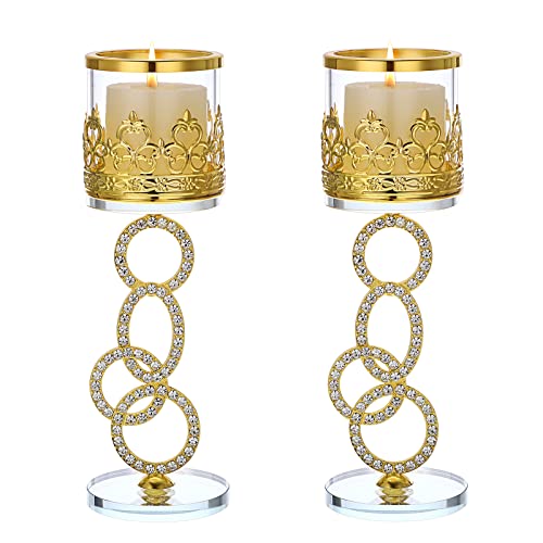 Tolida Crystal Glass Tea Light Votive Candle Holder Set of 2 Decorative Clear Glass Aromatherapy Candle Holder for Wedding Birthday Christmas Halloween Party, 21.5cm, Gold