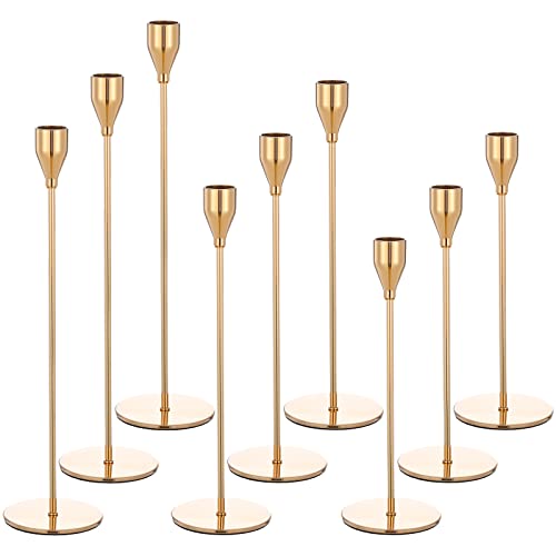 Teruntrue 9 Pcs Taper Candle Holders Candlestick Holders, Gold Metal Candle Holder with Circle Candlesticks Table Centrepieces Set for Wedding Christmas Candle light Dinner Anniversary Home Decoration