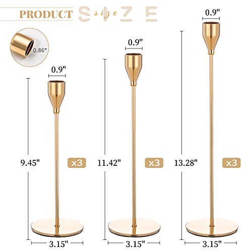 Teruntrue 9 Pcs Taper Candle Holders Candlestick Holders, Gold Metal Candle Holder with Circle Candlesticks Table Centrepieces Set for Wedding Christmas Candle light Dinner Anniversary Home Decoration
