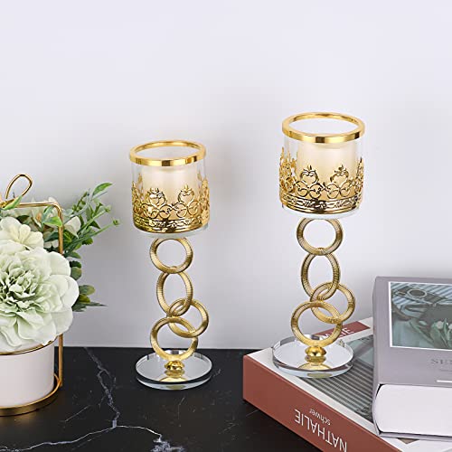 Tolida Crystal Glass Tea Light Votive Candle Holder Set of 2 Decorative Clear Glass Aromatherapy Candle Holder for Wedding Birthday Christmas Halloween Party, 21.5cm, Gold