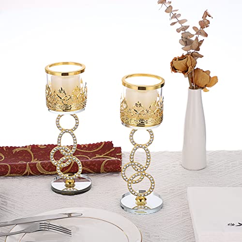 Tolida Crystal Glass Tea Light Votive Candle Holder Set of 2 Decorative Clear Glass Aromatherapy Candle Holder for Wedding Birthday Christmas Halloween Party, 21.5cm, Gold