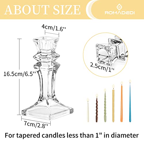 Romadedi Candle Holders Glass Crystal for Candlestick - Set of 2 Clear Taper Candle Holder Elegant Design Coffee Dinning Table Centerpiece for Wedding Party Christmas Home decoration, 16.5 cm