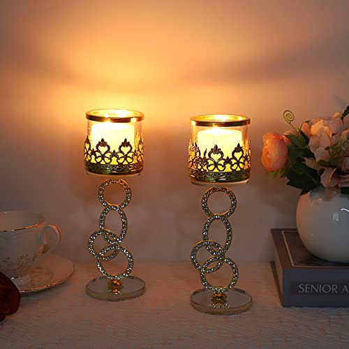 Tolida Crystal Glass Tea Light Votive Candle Holder Set of 2 Decorative Clear Glass Aromatherapy Candle Holder for Wedding Birthday Christmas Halloween Party, 21.5cm, Gold