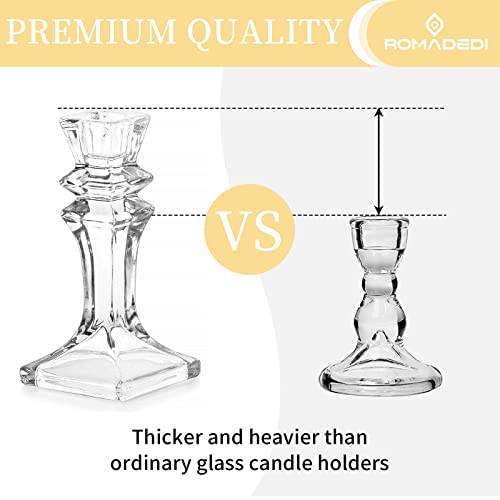 Romadedi Candle Holders Glass Crystal for Candlestick - Set of 2 Clear Taper Candle Holder Elegant Design Coffee Dinning Table Centerpiece for Wedding Party Christmas Home decoration, 16.5 cm