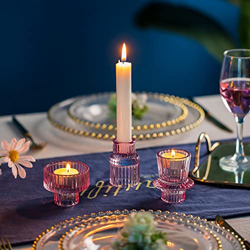 Glass Taper Tea light Candle Holders 2-in-1 Candlestick：Romadedi Pink Decorative Candleholder for Home Christmas Decor Dinning Table Centerpiece for Wedding Party, 3Pcs