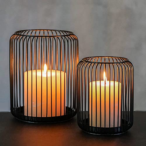 Candle Holders Black Candlestick set of 2,18x21cm/13x16cm Metal Lantern Candlesticks Holder Candelabra Large Oval decoration for Christmas Wedding Dinning,Home Living Room Tables Decor