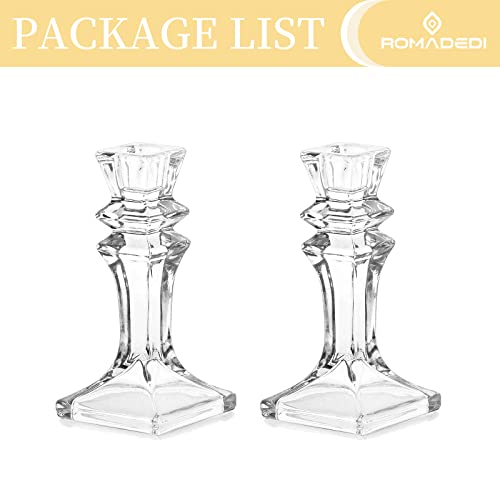 Romadedi Candle Holders Glass Crystal for Candlestick - Set of 2 Clear Taper Candle Holder Elegant Design Coffee Dinning Table Centerpiece for Wedding Party Christmas Home decoration, 16.5 cm