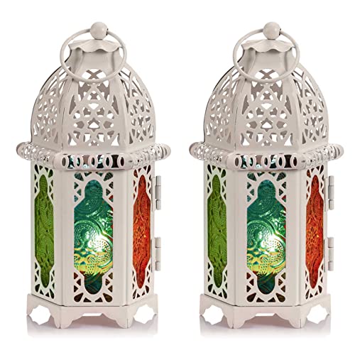Nuptio 2 Pcs Moroccan Style Candle Lantern - Small Sized Tealight Candle Holder with Coloful Glass Panels, Tea Light Holders for Christmas Patio Indoors Outdoors Events Parties Weddings, White