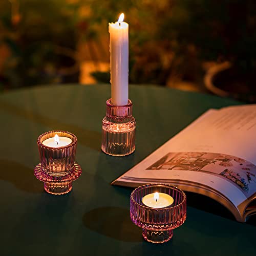 Glass Taper Tea light Candle Holders 2-in-1 Candlestick：Romadedi Pink Decorative Candleholder for Home Christmas Decor Dinning Table Centerpiece for Wedding Party, 3Pcs